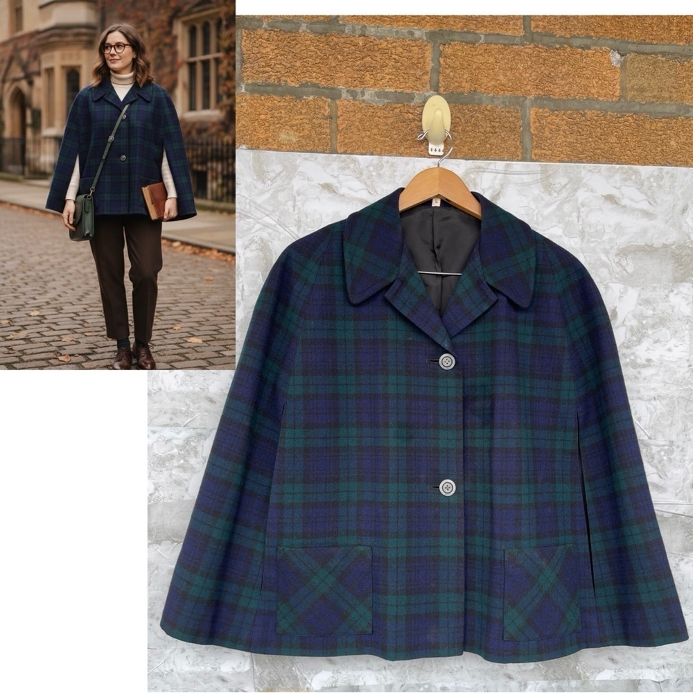 Scottland House Vtg 60s Plaid tartan Wool Cape L